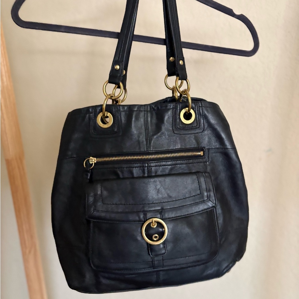 Coach Black Leather Tote with Gold Accents